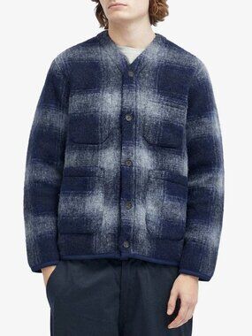 Universal Works Men's Check Wool Fleece Cardigan in Navy/Grey Medium